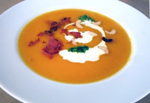 Carrot and Ginger Soup with Crispy Pancetta and Cashews