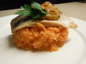 Barramundi with Romesco Sauce & Sweet Potatoes