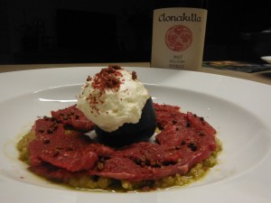 Carpaccio with Fig, Walnut Pesto and Goat's Cheese Mousse