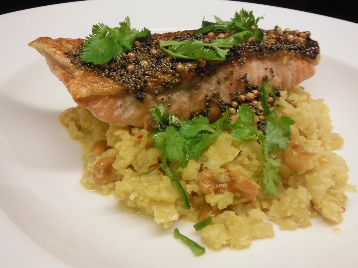 Pan Fried Salmon with Spicy Cauliflower "Rice"