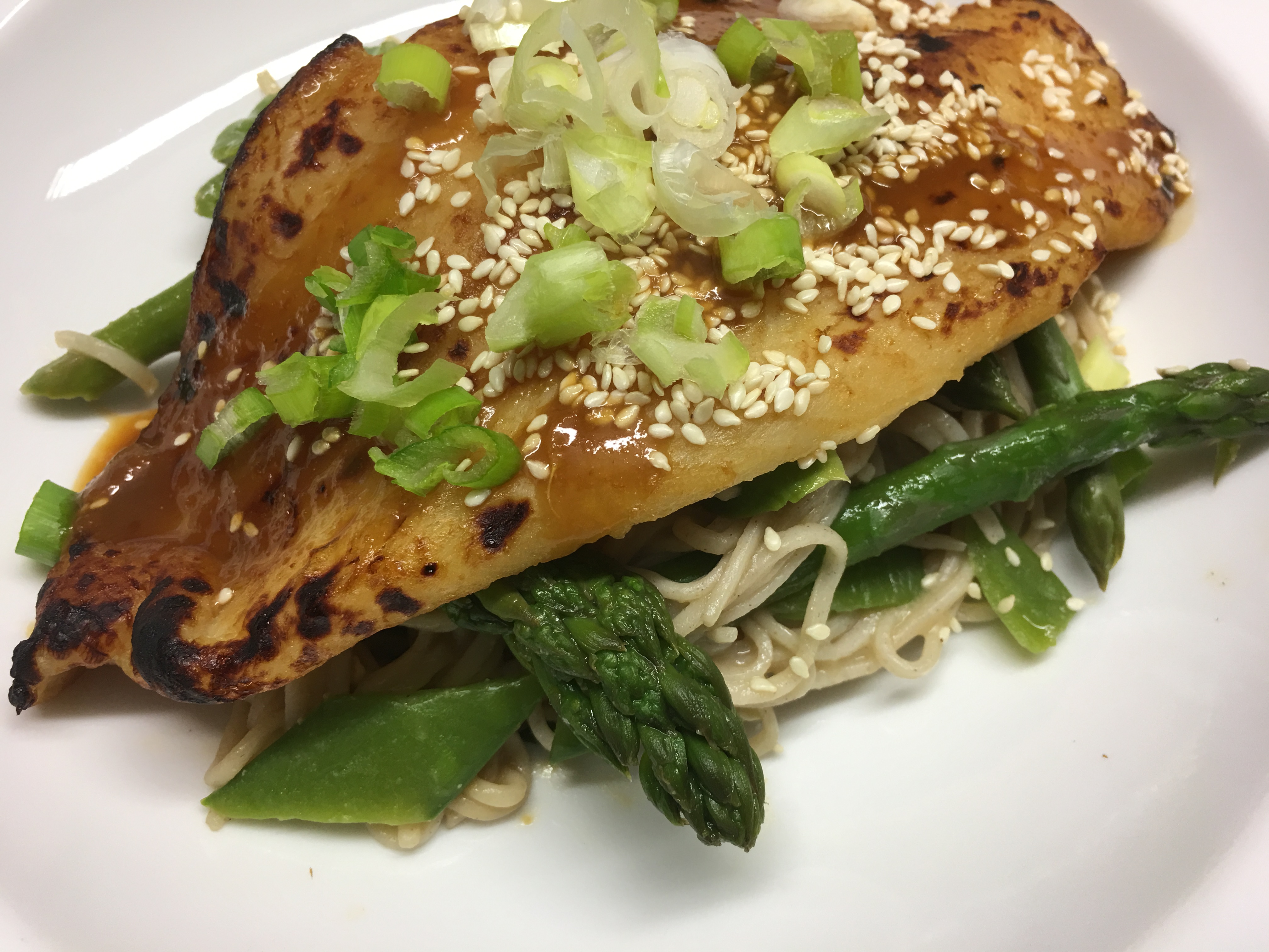 Fish Fillets with Miso, Soba Noodles & Asparagus