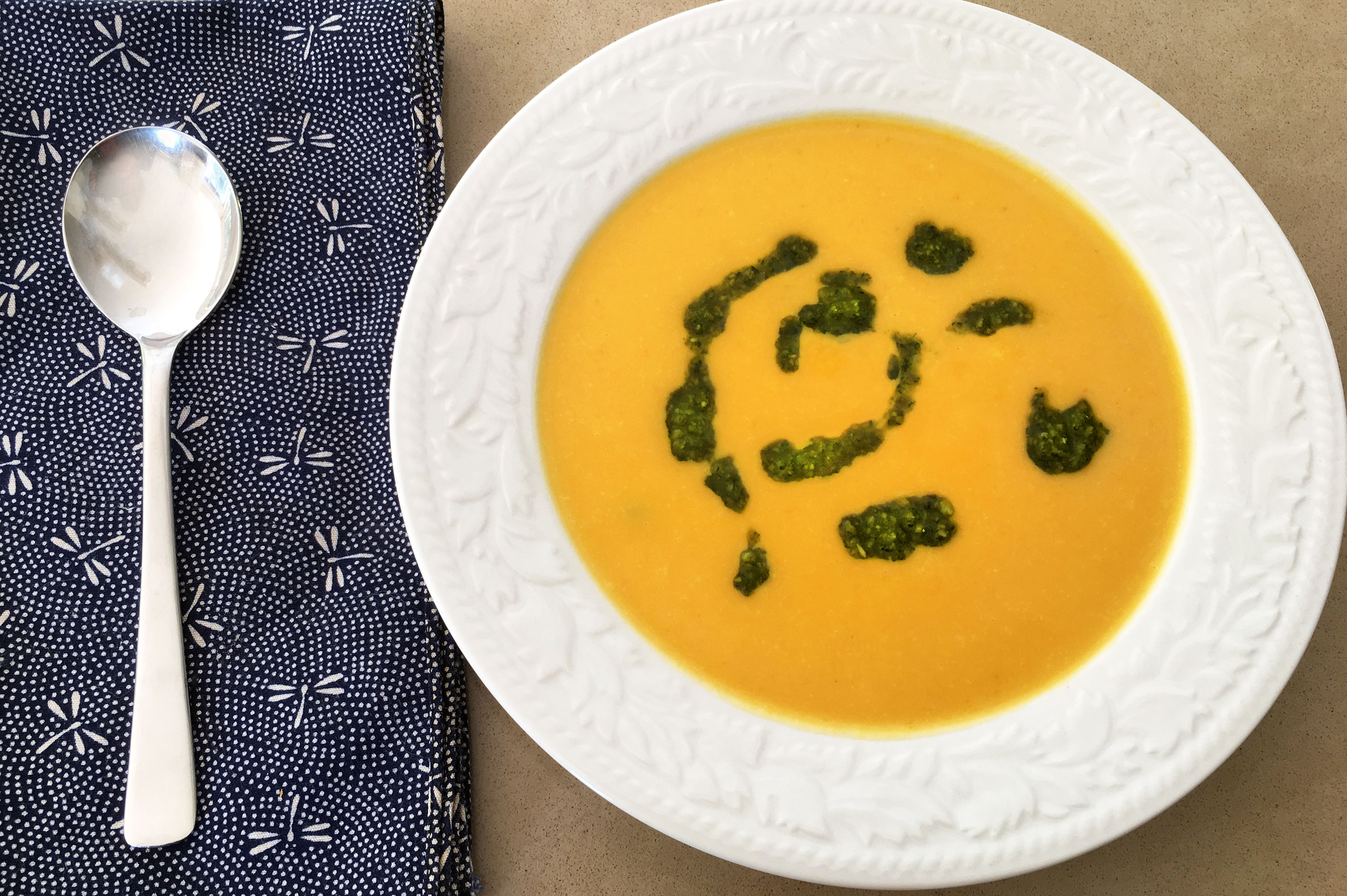 Carrot and Sweet Potato Soup with Pesto