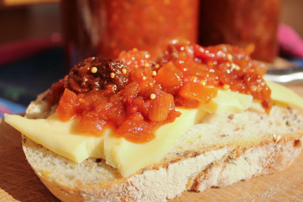 Tomato chutney with cheddar cheese on crusty sourdough bread