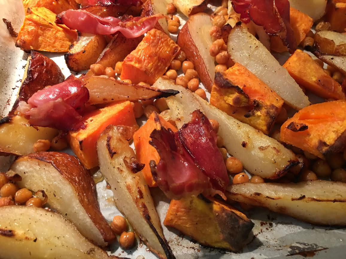 Roast Sweet Potatoes, Pears and Chick Peas with Prosciutto