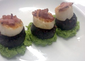 Black Pudding with Scallops, Pea Puree and Crispy Bacon