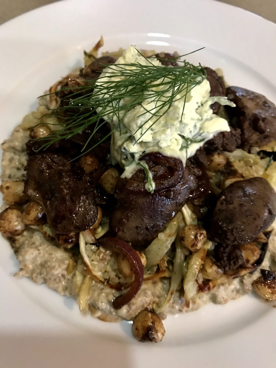 Chicken Livers with Fennel, Quinoa, Hazelnuts & Mushroom Purée