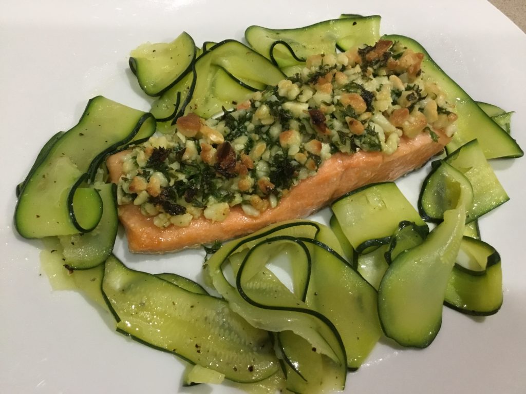 Salmon with Macadamia Nut Crust and Zucchini Ribbons