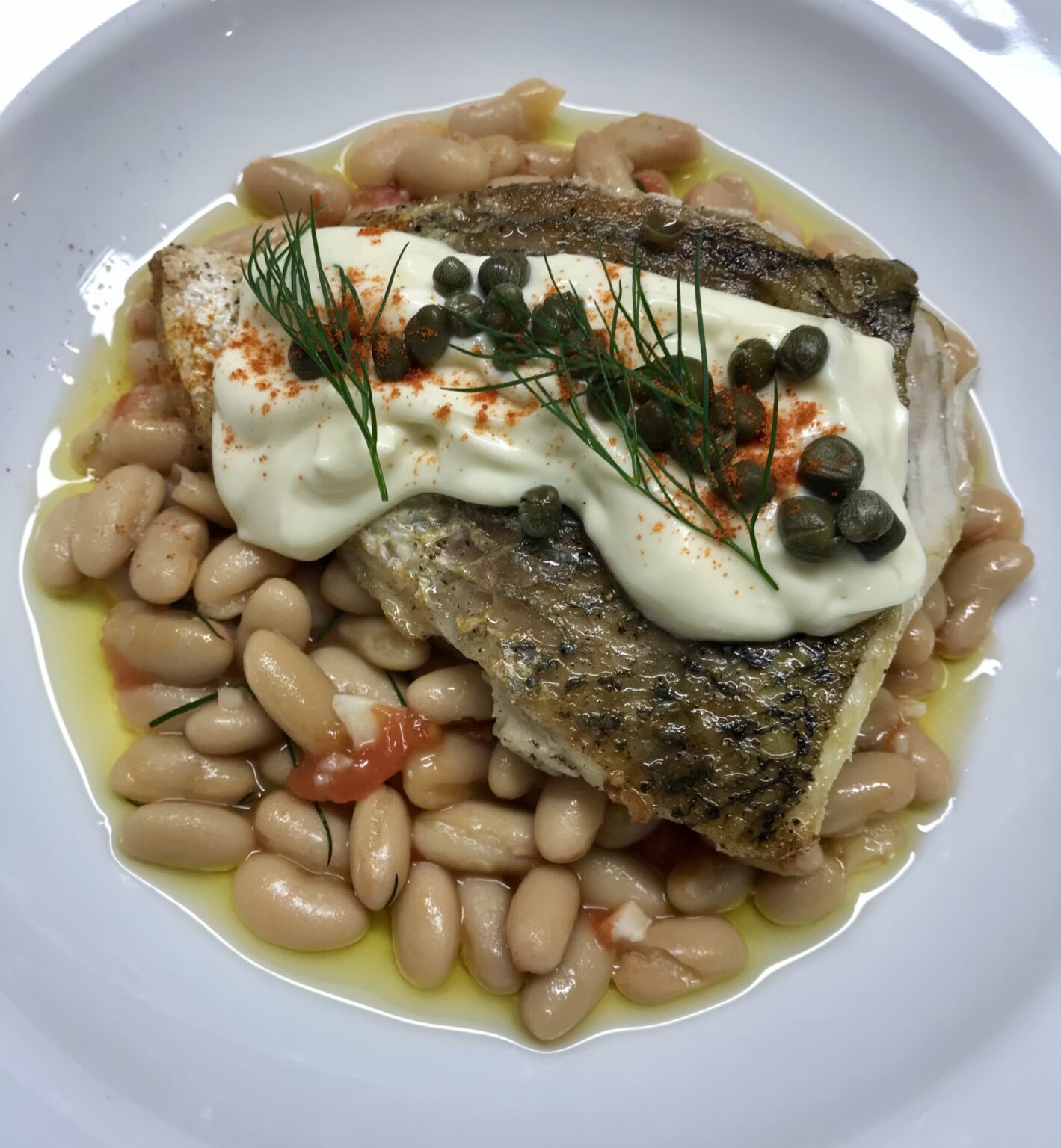 Barramundi with Cannellini, Tomatoes and Capers