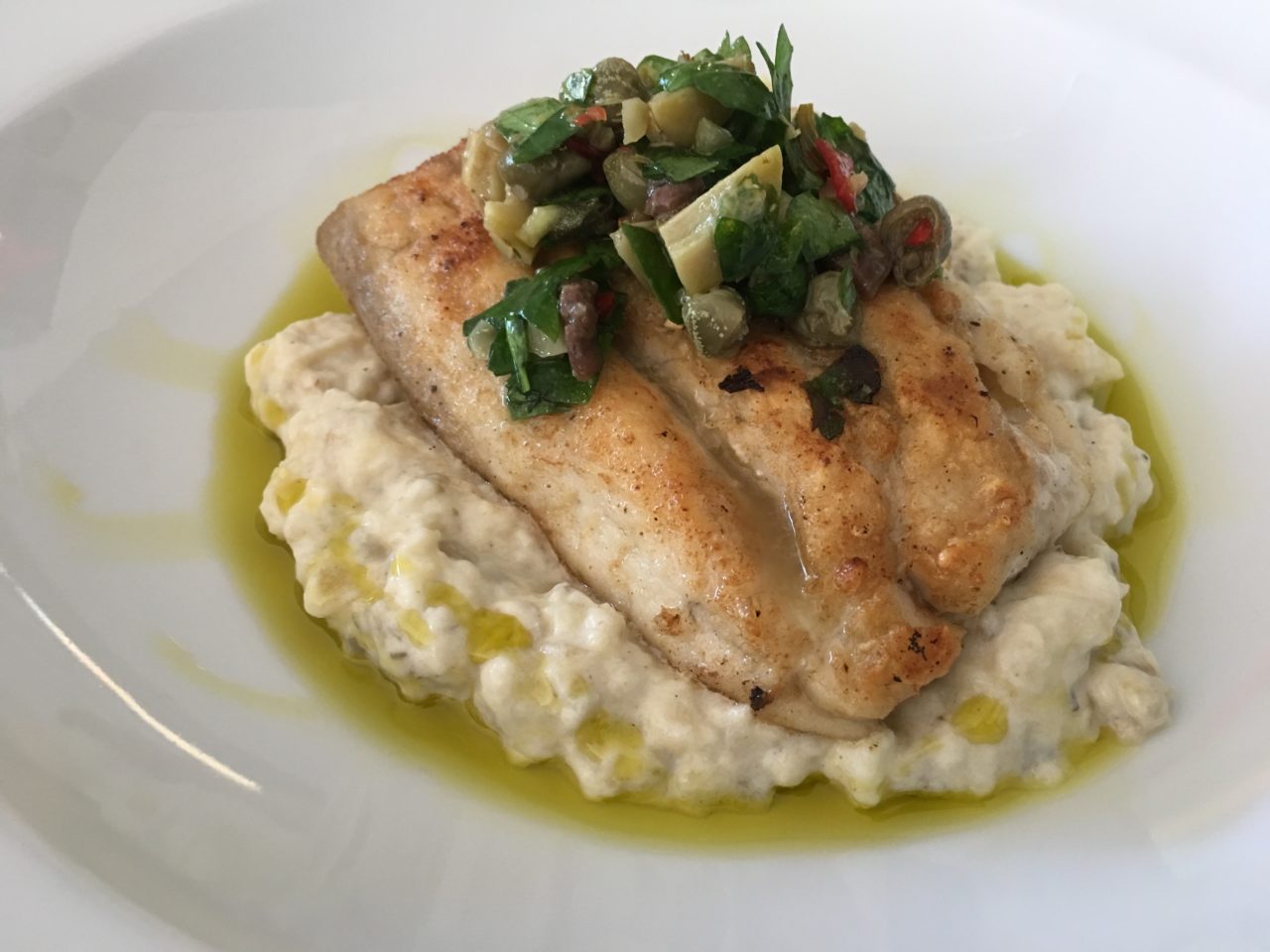 PanFried Fish with Baba Ganoush & Caper & Olive Salsa