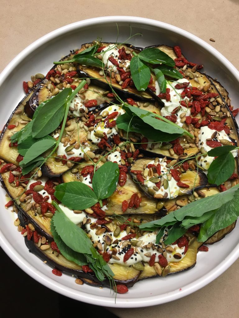 Eggplant, Nuts & Seeds with Labneh Dressing
