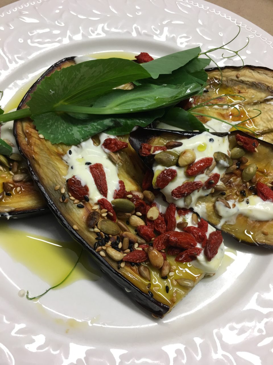 Eggplant, Nuts & Seeds with Labneh Dressing