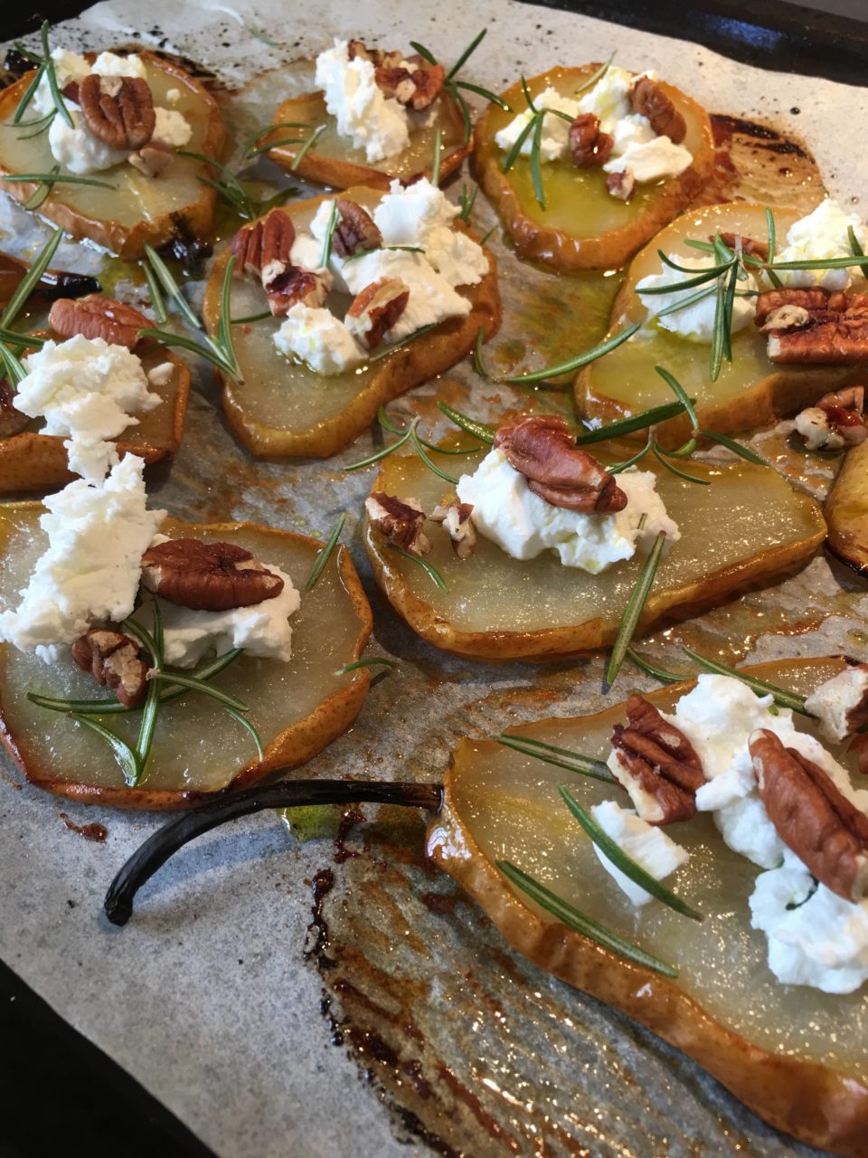 Roasted Pears with Goat’s Cheese, Honey, Rosemary & Pecans